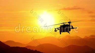 <strong>军用直升机</strong>飞向日落三维动画循环
